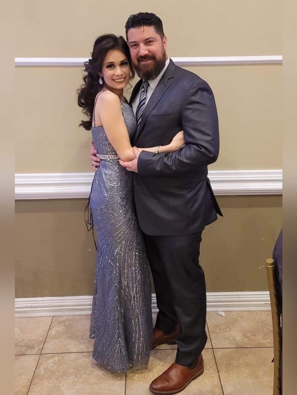 DANCING QUEEN Silver/Steel Blue Glitter V-neck Gown XS